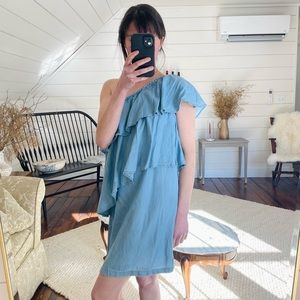 Denim One-Shoulder Ruffle Dress